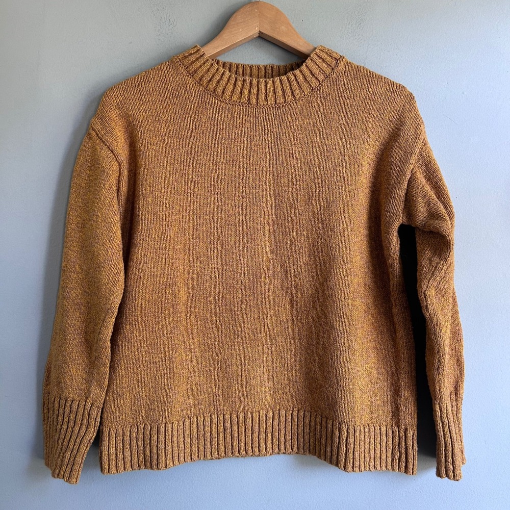 LL Bean Womens Medium Cotton Crewneck Sweater Mustard Yellow Marl 520597